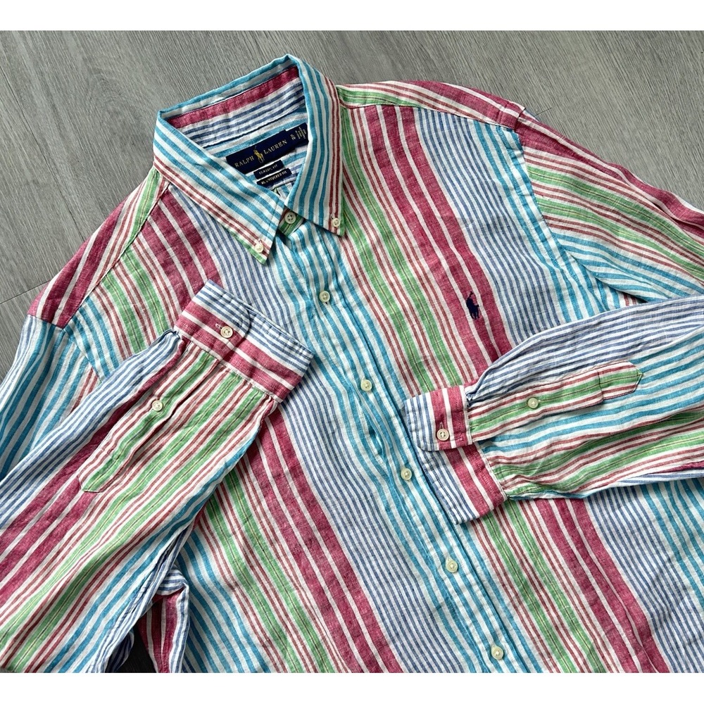 Ralph Lauren 100% Linen Shirt Mens XL Multicolor Stripe Rainbow Button Down